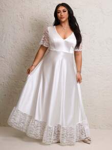 SHEIN Belle Gaun Panjang Berenda Gaya Prancis Warna Polos Elegan Ukuran Plus - Putih - View 6