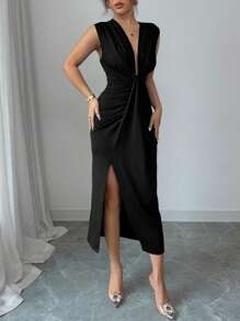 Rafferiza Petite Elegant Sleeveless Deep V-Neck Ruched Hem Split Dress, Women, Spring/Summer - Black - View 4