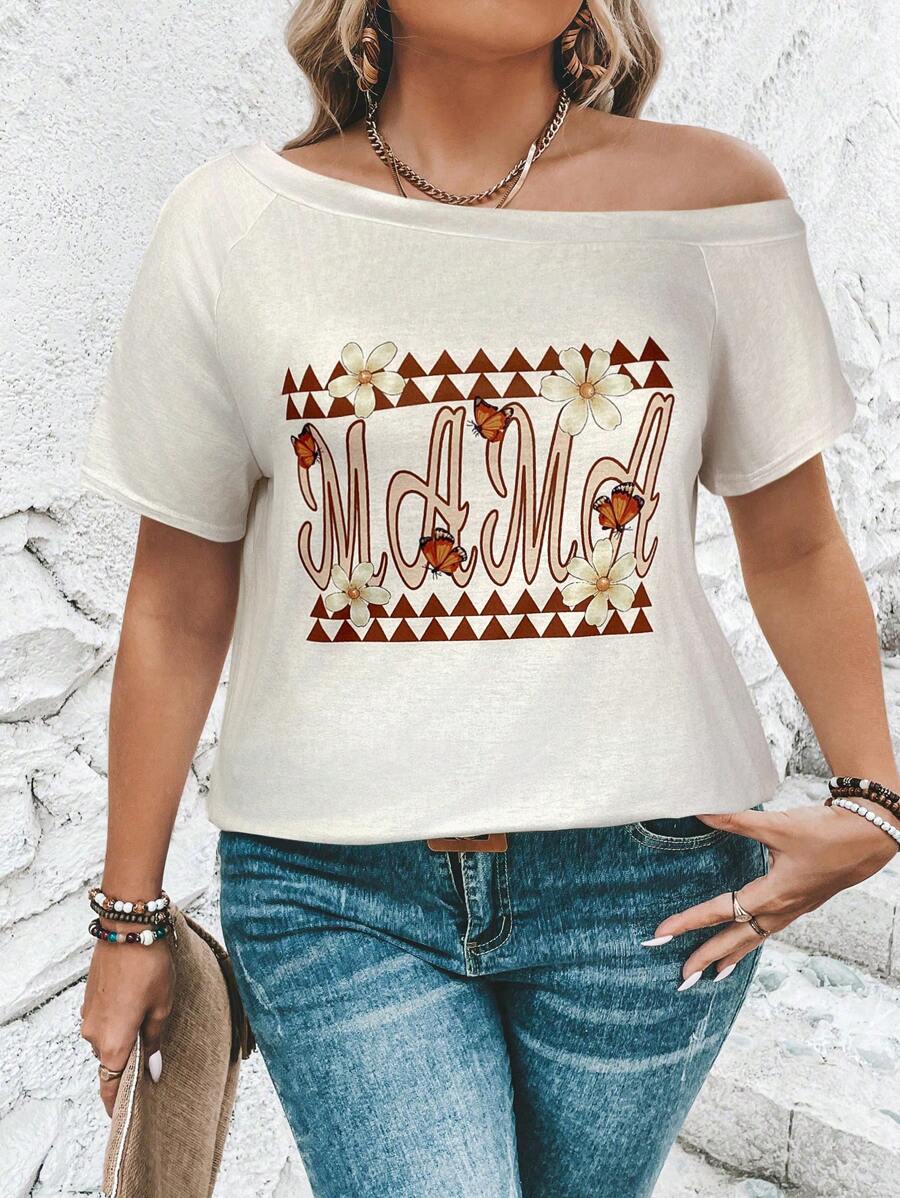 SHEIN LUNE Áo thun nữ cỡ lớn in chữ và hoa, cổ lệch, tay ngắn, thích hợp mặc mùa hè, áo thun in hình cho nữ. - Màu be - Xem 1