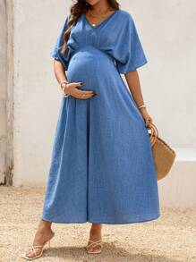 SHEIN Solid Color V-Neck Short Sleeve Casual Maternity Dress For Summer/Holiday Women's Summer Dress Maternity Dress - Blue - View 4