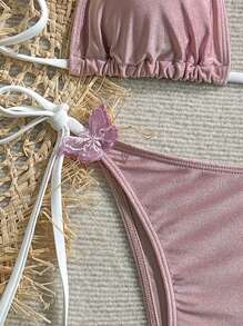 Soleia مجموعة ملابس سباحة لحرير موضوع البحر والعطلات مخطط وردي مع ديكور معدني، مناسبة لعيد القيامة والعطلات والأحداث الكاجوال والبوهيمي والأوروبي ومهرجانات الموسيقى والبلد والبرانش والشاطئ والتخرج