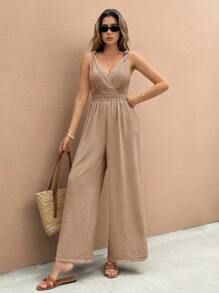 SHEIN Frenchy Women's Solid Color Overlapping V-Neck Waist Lace Splice Wide-Leg Sleeveless Jumpsuit