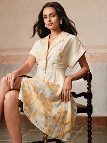 Anewsta Vestido camisero elegante de flores con cuello, cintura ajustada y tela ligera para resort, atuendos de primavera para ropa de verano para mujer - Albaricoque - Ver 4