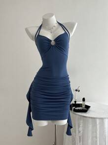 SHEIN Unity 纯色褶饰圆环细节露背无袖连衣裙，外出