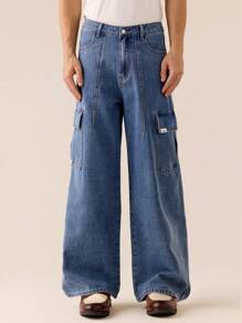 SWAVVY Men's Woven Daily Casual Loose Solid Color Elastic Waist Straight Leg Pants - Blue - View 4