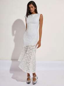 COSMINA Women's Elegant Solid Color Lace Patchwork Round Neck Sleeveless Midi Dress - Cream - View 5