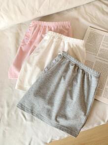 SHEIN EZwear 3件套 100%纯棉 女士休闲纽扣装饰蝴蝶结短裤，白色/灰色/粉色，可爱夏季短裤，睡衣短裤 3条装 柔软家居睡裤 - 彩色 - 查看 4