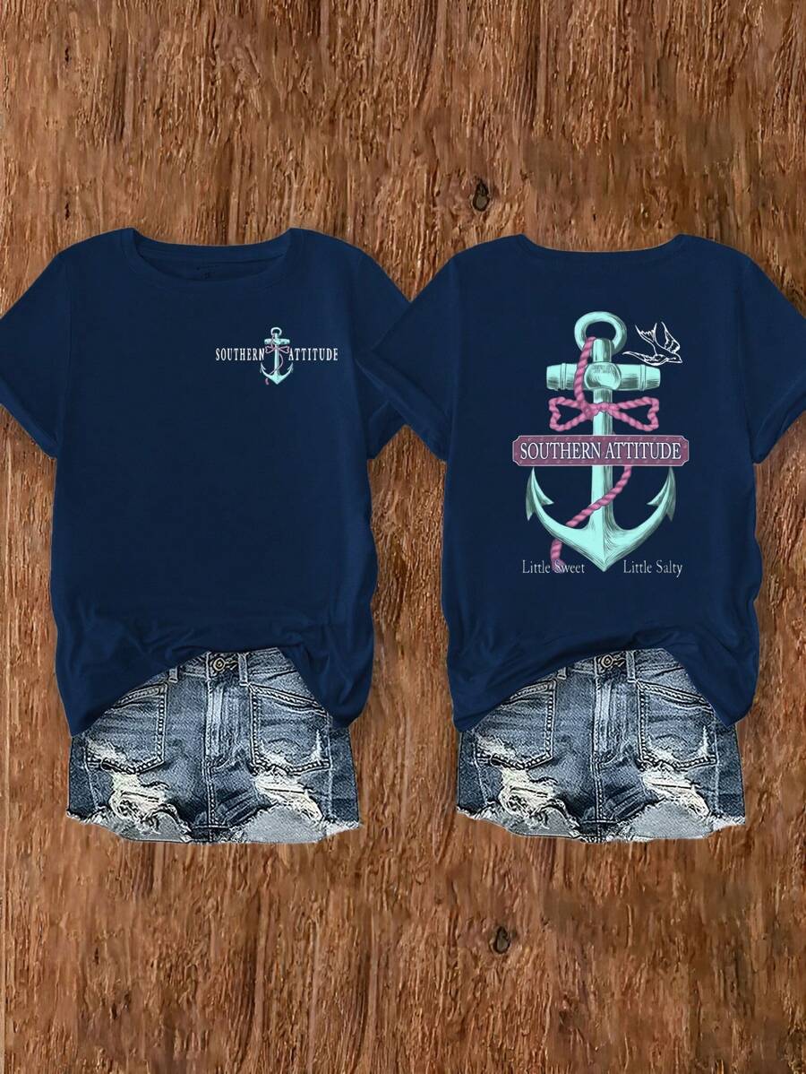 Calvaya Women's Sailing "Miss Sailor" Anchor And Bird Print T-Shirt, Casual Round Neck, Short Sleeved, Machine Washable, Pattern Design, Very Suitable For Spring And Summer