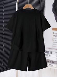 SHEIN 2 件套青少年男孩休闲时尚酷炫外星人图案印花圆领短袖 T 恤和短裤套装，适合夏季 - 彩色 - 查看 2