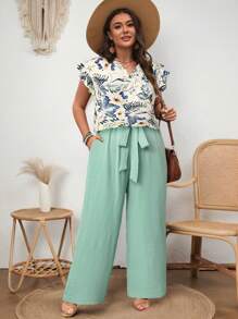 SHEIN LUNE 大码女式两件套：碎花盖袖上衣搭配蝴蝶结和纯色阔腿裤 夏季波西米亚风复古女士夏季服装 春假狂欢服装 节日春假服装 休闲优雅碎花度假服装 女士复活节连衣裙 复活节服装女士 - 淺藍色 - 查看 4