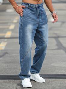 Manfinity Homme Men's Casual Regular Fit Distressed Straight Leg Jeans  Blue Jeans - Dark Wash - View 8