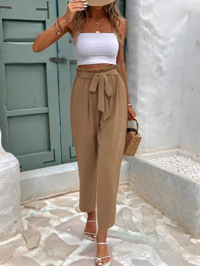 SHEIN Frenchy Plain Color Paper Bag Waist Casual Relaxed Fit Pants Winter Brown