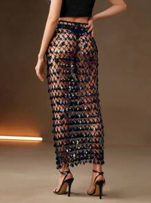 Anewsta 优雅度假钩针彩虹色串珠贝壳海滩纱笼罩衫亮片裙，春夏节毕业典礼