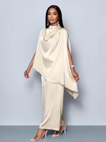 SOLERSUN Women's Fashionable Solid Color Elegant Mock Neck Stylish And Sophisticated Batwing Sleeve Satin Asymmetrical Hem Blouse & Straight-Leg Elegant Long Pants Sets Fall Cloth For Women