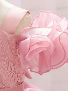 Baby Girls' Elegant Multilayer Mesh Ruffled Bow Decor Flared Sleeve Trailing Puff Skirt Pageant Dress, Suitable For Baby Birthday Party, Pink Square Neck - Dusty Pink - View 6