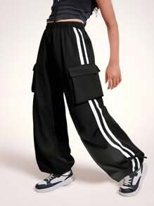 青少年女孩休闲梭织纯色宽松工装口袋侧系蝴蝶结阔腿裤，返校季 - 黑色 - 查看 1