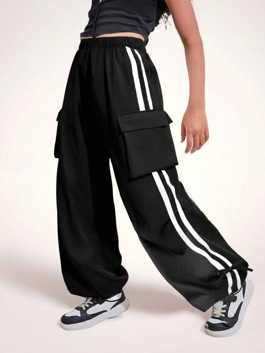 青少年女孩休闲梭织纯色宽松工装口袋侧系蝴蝶结阔腿裤，返校季 - 黑色 - 查看 1