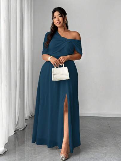 Elenzga Vestido feminino plus size elegante romântico para casamento/festa em chiffon com bainha assimétrica e fenda