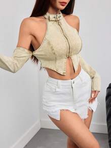 SHEIN PETITE Áo corset denim cổ yếm tay dài co giãn Y2k màu vàng cho nữ - Màu Khaki - Xem 4