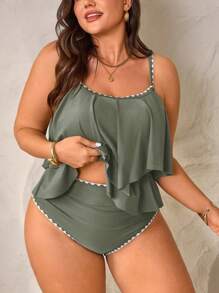 Swim Lushoire 2 pièces Ensemble de vacances d'été pour femmes grande taille, crop top à bretelles spaghetti double couche avec volants sur les bords et short taille haute à volants