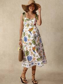 Boho Mama Rückenfreies BOHO Blumen Strandkleid mit Schleife, Umstandskleid