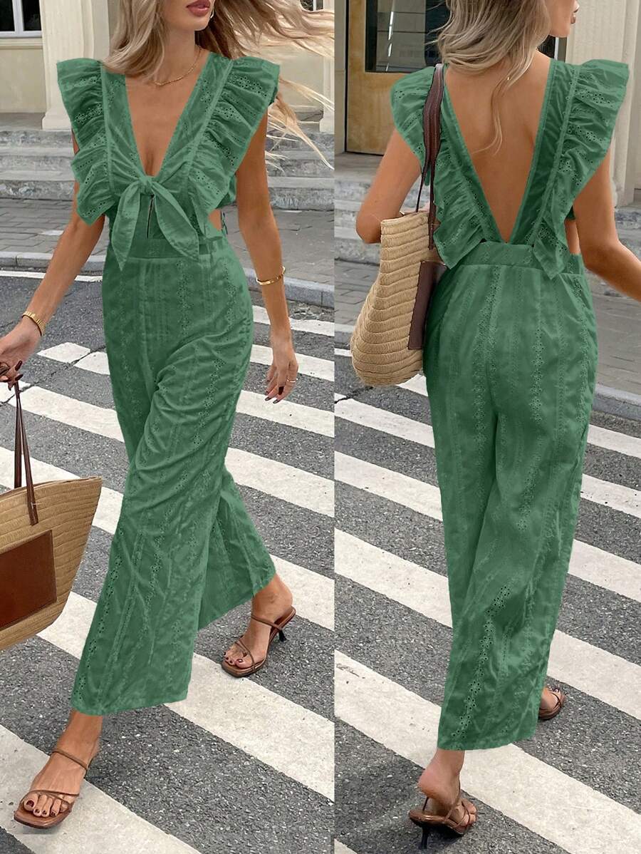 SHEIN Frenchy Women's Vacation Elegant Tie Cap Sleeve Waisted Back Deep V Solid Color Fabric Embroidery Straight Wide Leg Jumpsuit Summer Vacation Outfits Women Vacation Outfits Woman Spring Outfits For Women Summer Outfits For Women Wedding Guest Dress Women Rompers For Women Summer European Summer Green - Green - View 1
