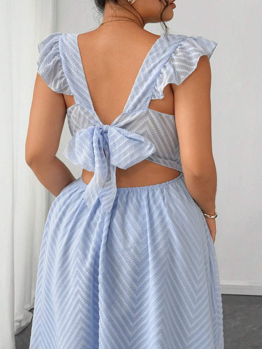 Elenzga Plus Size Women Textured Chiffon Floral Lace Trim V-Neck Ruffle Short Sleeve Back Tie Waist Blue Summer Vacation Dress - Blue - View 1
