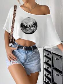 Muchica Women's Casual Asymmetrical Shoulder Metal Beads Graphic Cropped Oversized Short Sleeve T-Shirt, Suitable For Summer, Vacation, Music Festivals - White - View 5