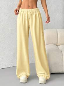 SHEIN EZwear 女士休闲纯色运动裤，适合夏季，奶油黄，适合毕业季、返校季、毕业典礼、教师节等场合。 - 黃色 - 查看 4