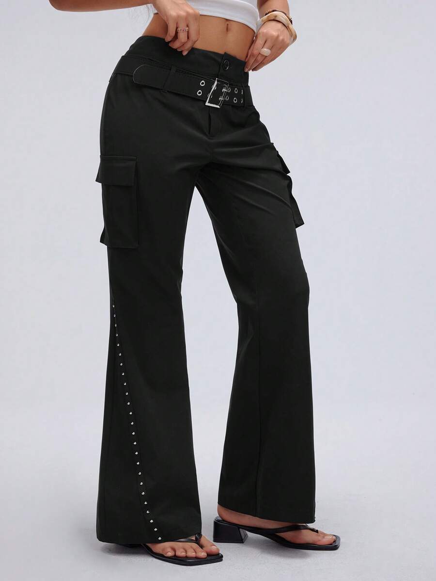 TRNVIE Y2K Style Low Waist Double Belt Micro-Flare Leg Pants, Spring/Summer Fall Cloth For Women - Black - View 1