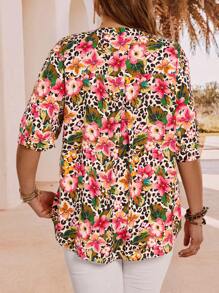 EMERY ROSE Plus Size Women's Summer Holiday Leopard & Floral Print Notch Collar Shirt,Women Summer Clothes - Multicolor - View 2