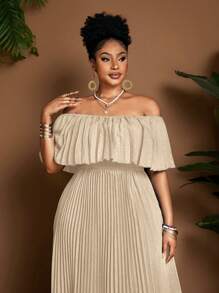 Maweii Plus Size Women Off Shoulder Pleated Solid Color Vacation Elegant Dress - Apricot - View 2