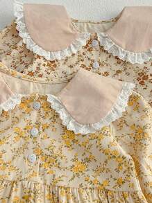 SHEIN Kleid im pastoralen Stil für Kleine Mädchen mit Rüschenkragen und Blümchenmuster, für Frühling/Herbst - Gelb - Übersicht 6