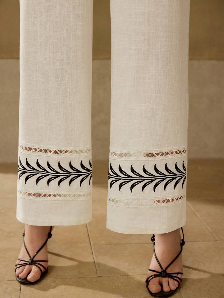 CONTRAST LACE EMBROIDERED WIDE LEG PANTS