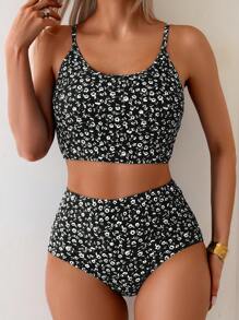 SHEIN Swim Women's 2-Piece Ditsy Floral Spaghetti Strap Crop Top And High Waisted Bikini Set Set, Vacation & Casual For Summer
