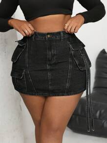 Dripcurv Gonna jeans mini taglia curvy, abbigliamento casual da lavoro, lavaggio vintage, blu - nero - Visualizzare 4