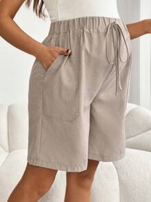 SHEIN Quần short thời trang thường ngày thắt nút màu trơn cho bà bầu - Màu Khaki - Xem 1