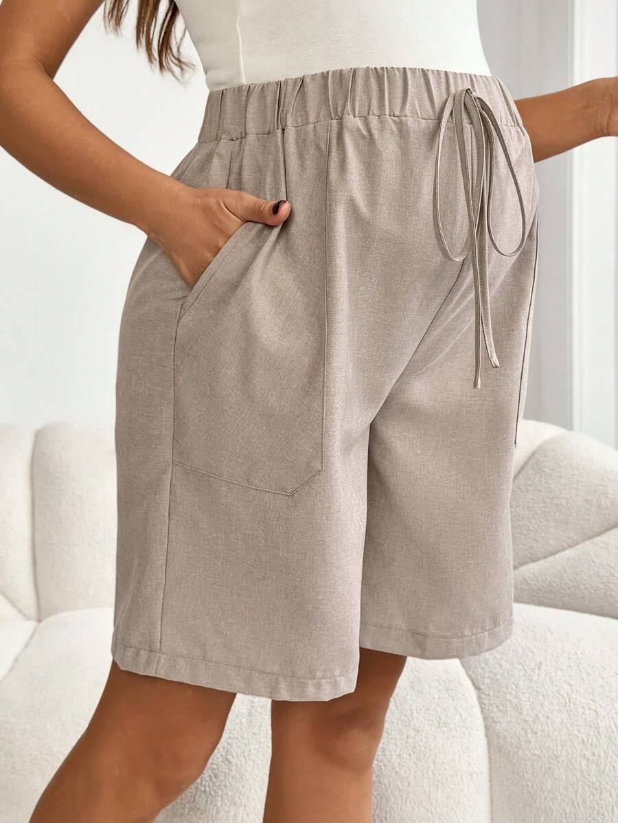 SHEIN Quần short thời trang thường ngày thắt nút màu trơn cho bà bầu - Màu Khaki - Xem 1