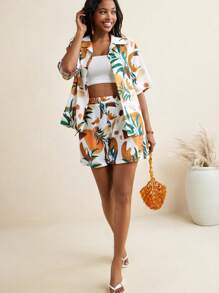 EBIB Blossom Drift 抽象热带花卉印花纽扣衬衫 女士商务休闲夏季度假装，办公室