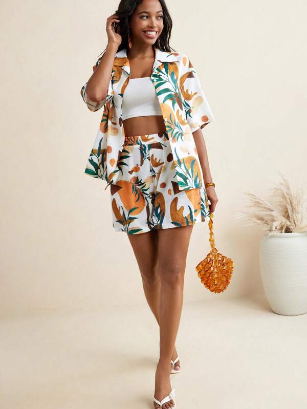 EBIB Cămașă Blossom Drift cu imprimeu floral tropical abstract și nasturi pentru femei, ținută business casual de vară, vacanță, birou