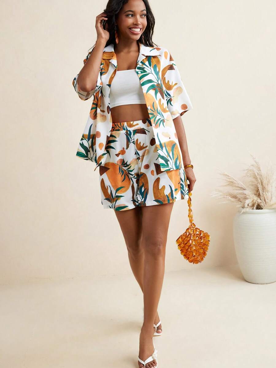 EBIB Blossom Drift 抽象热带花卉印花纽扣衬衫 女士商务休闲夏季度假装，办公室