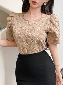 DAZY 女士圆领泡泡袖花卉纹理 T 恤 - 卡其色 - 查看 5