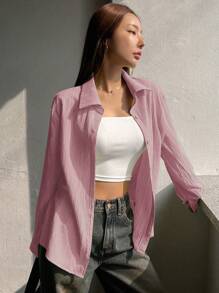 DAZY Women Solid Color Loose Casual Long Sleeve Shirt,Fall Clothes Preppy Tops - Pink - View 4