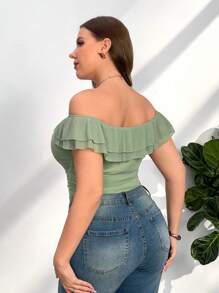 Firerie Plus Size Valentines, Wedding, St. Patrick's Day Spring/Summer New Simple Elegant Romantic Floral Green Solid Color One Shoulder Layered Ruffle Fitted Bodysuit - Green - View 2