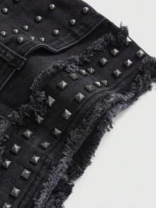ROMWE Grunge Punk Váy denim mini cạp thấp cho nữ có đai lưng trang trí bằng đinh tán kim loại - Màu xám đen - Xem 3