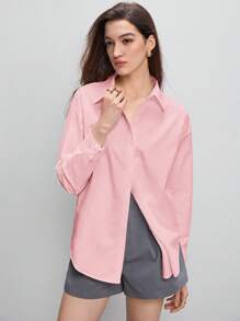 BizChic 女士纯色翻领长袖清爽衬衫，基本款都市通勤风格，简约优雅时尚商务休闲，适合教师和办公室穿着 - 粉色 - 查看 7