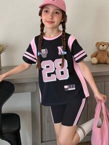 SHEIN Teen Girls' Casual Fashion Creative Pink & Black Contrast 28 Number Graphic Basic T-Shirt And Bike Shorts 2pcs Set - Multicolor - View 1