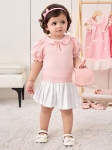 SHEIN Babygirl Summer Cute Versatile Textured Pink Peter Pan Collar Blouse - Pink - View 4