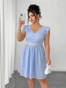 Elenzga Plus Size Women Textured Chiffon Floral Lace Trim V-Neck Ruffle Short Sleeve Back Tie Waist Blue Summer Vacation Dress - Blue - View 2