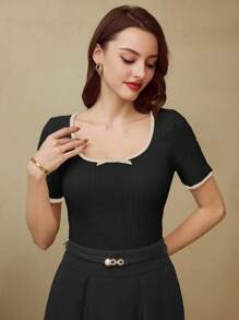 Vintamour 女士复古经典优雅T恤，修身撞色蝴蝶结短袖T恤，杏色，适合春季、夏季假日节日外出、商务休闲、教师等场合。 - 黑色 - 查看 7